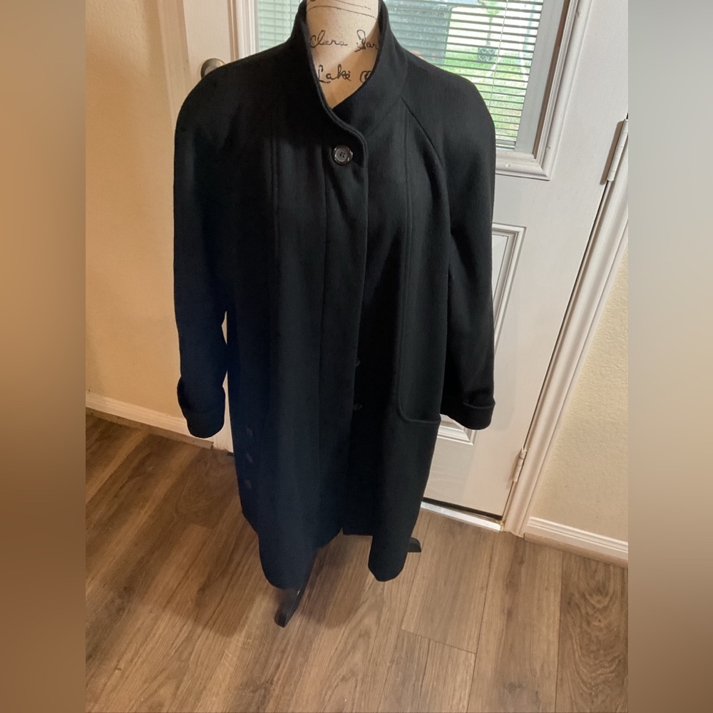 Herman Kay Womens Black Long Sleeve Collared Button Front Classic Coat Size 16